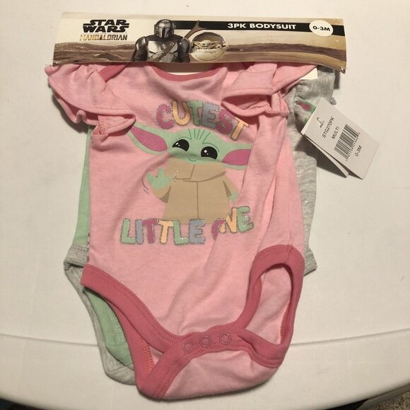 Star Wars The Child Grogu Girls 3-Piece Bodysuit Set Pink Green Grey Size 0-3mos - Picture 1 of 8